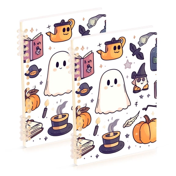 FORMRS 1-Subject Spiral Notebook 8" x 5" College Ruled 60 Refillable Sheet A5 Hard Cover, 2 Pack, White Magical Halloween