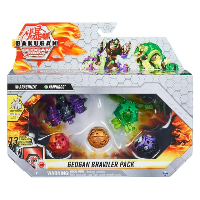 bakugan: bakugan geogan brawler - pack arachnia y amphrog. Empaque frontal blanco con ventana que muestra dos Geogan translúcidos (púrpura y verde), tres Bakugan esféricos (rojo, dorado, morado), seis baku-núcleos y cartas de Personaje y Habilidad; caja con logo Bakugan, gráficos hexagonales y hoja de reglas, ideal como figura coleccionable.
