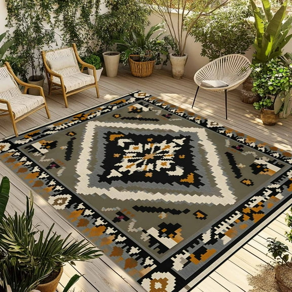 Fsddascl Grey Orange Black Outdoor Rug for Patio/Deck/Porch, Non-Slip Large Area Rug 4 x 6 Ft, Geometric Ethnic Boho Southwestern Indoor Outdoor Rugs Washable Area Rugs, Camping Rug Carpet