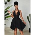 thumbnail image 3 of Black High Stretch Halter Neck Dress With Metal Buckle, Asymmetric Hem, Ruched Waist, Backless Design, 3 of 8