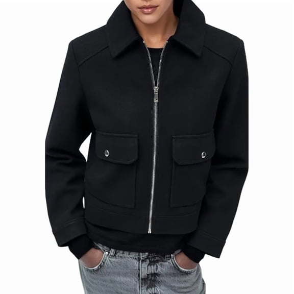 Women'S Jacket with Zipper Long Sleeve Turn Down Collar Casual Coat with Pockets for Autumn Winter Black M
