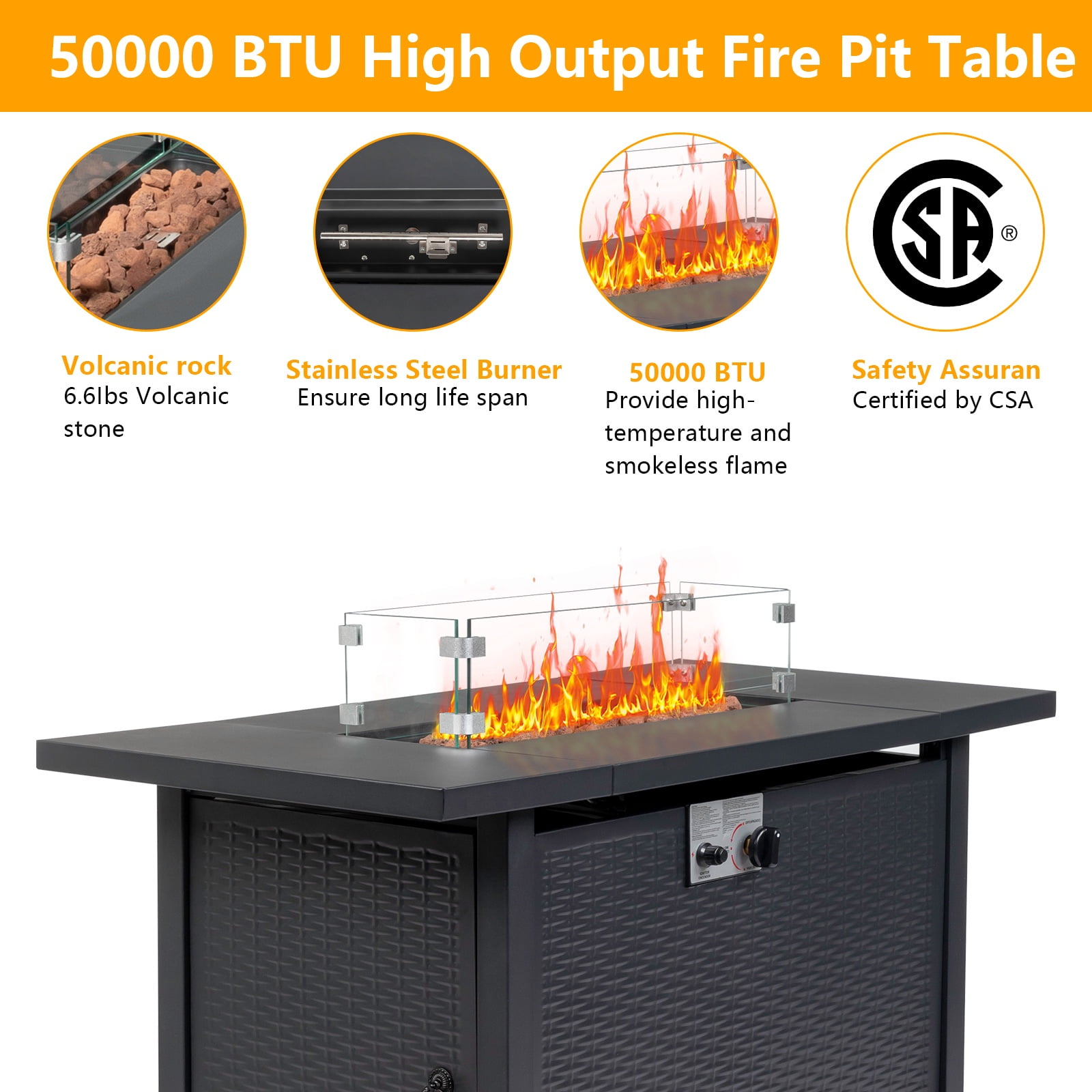 SEGMART 43'' Propane Fire Pit, 50,000 BTU Auto-Ignition Gas Fire Pit Table, Outdoor Fire Tables with Waterproof Cover, Lid and Tempered Glass Wind Guard for Outside, Garden, Backyard