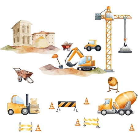 Construction Wall Stickers Vehicles Wall Decals Tractor Excavator Crane DIY Vinyl Decor Stickers Watercolour Wall Art Decals for Baby Nursery Room Boys Bedroom