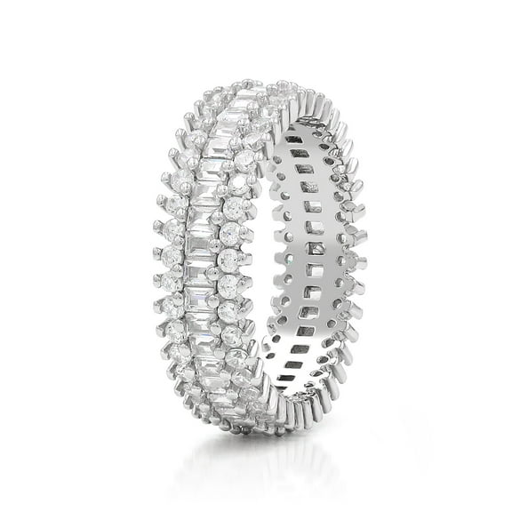 925 Sterling Silver Baguette & Round Eternity Band Ring, Micro Pave Cubic Zirconia, Giorgio Bergamo Size 8