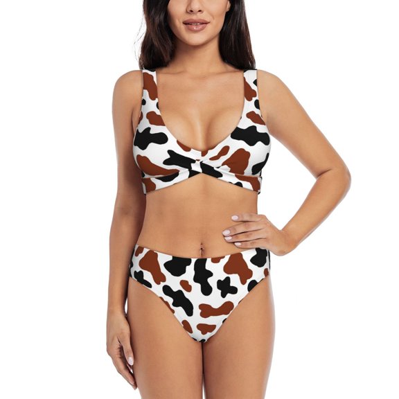 Kdxio Brown Black Cow Print Women's 2 Piece High Waisted Wrap Spaghetti Strap Summer Swimsuit Bikini Set-Small