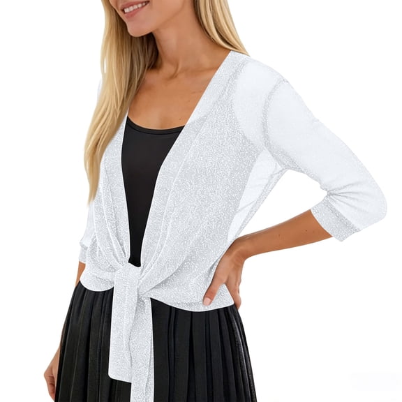 Women Shrugs for Evening Dresses 3/4 Sleeve Glitter Sheer Tie Front Party Lightweight Bolero Shrug Beach Cover Up White One Size