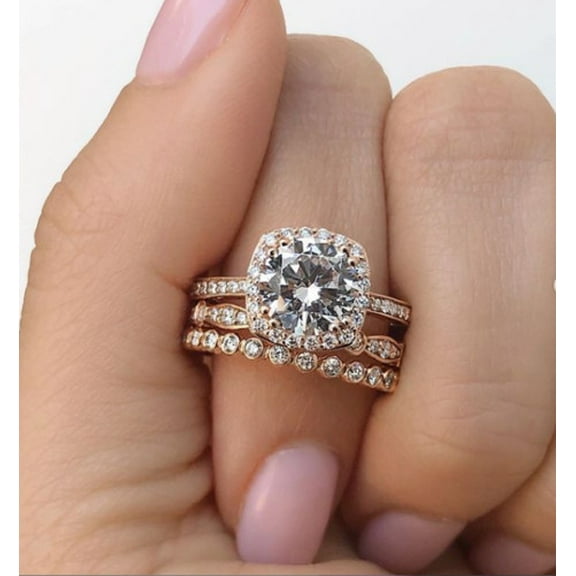 1.50Ct Lab Created Diamond Halo Engagement Ring Wedding 2 Set Band 14K Rose Gold Plated