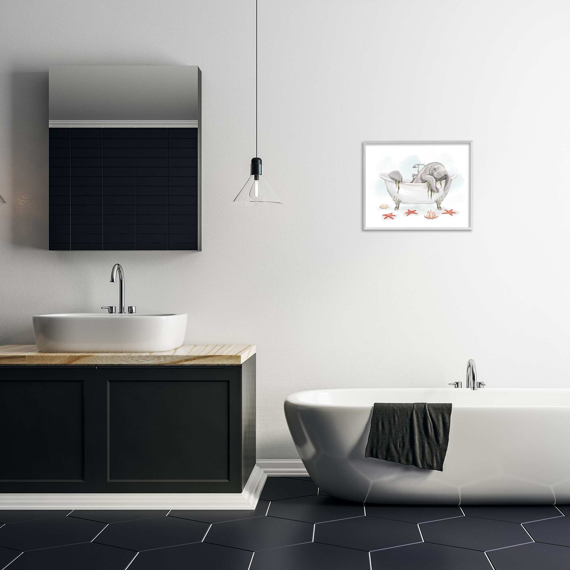 Stupell Industries Manatee Sea Life Swimming Bathtub Bathroom Painting Graphic Art White Framed Art Print Wall Art, Design by Ziwei Li