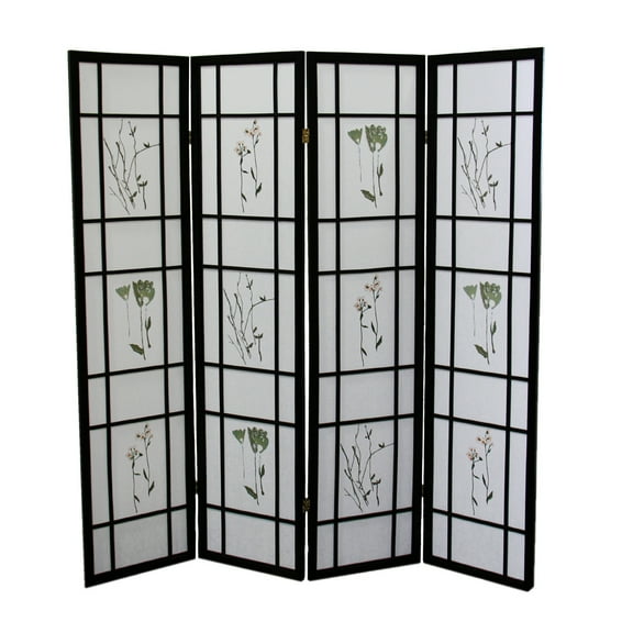 Shoji Screen Room Divider - 4 Panel Floor Screen, Cherry Wood & Floral Design, Adjustable Privacy Screen