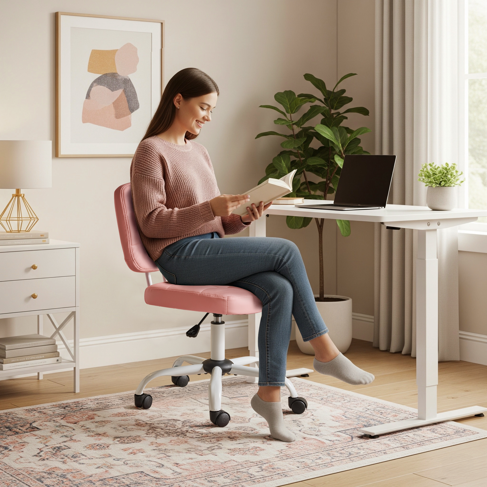 Ktaxon Armless Office Chair with Star Base PU Swivel Task Chair with 9-Grid Design for Study Room or Dressing Area Pink