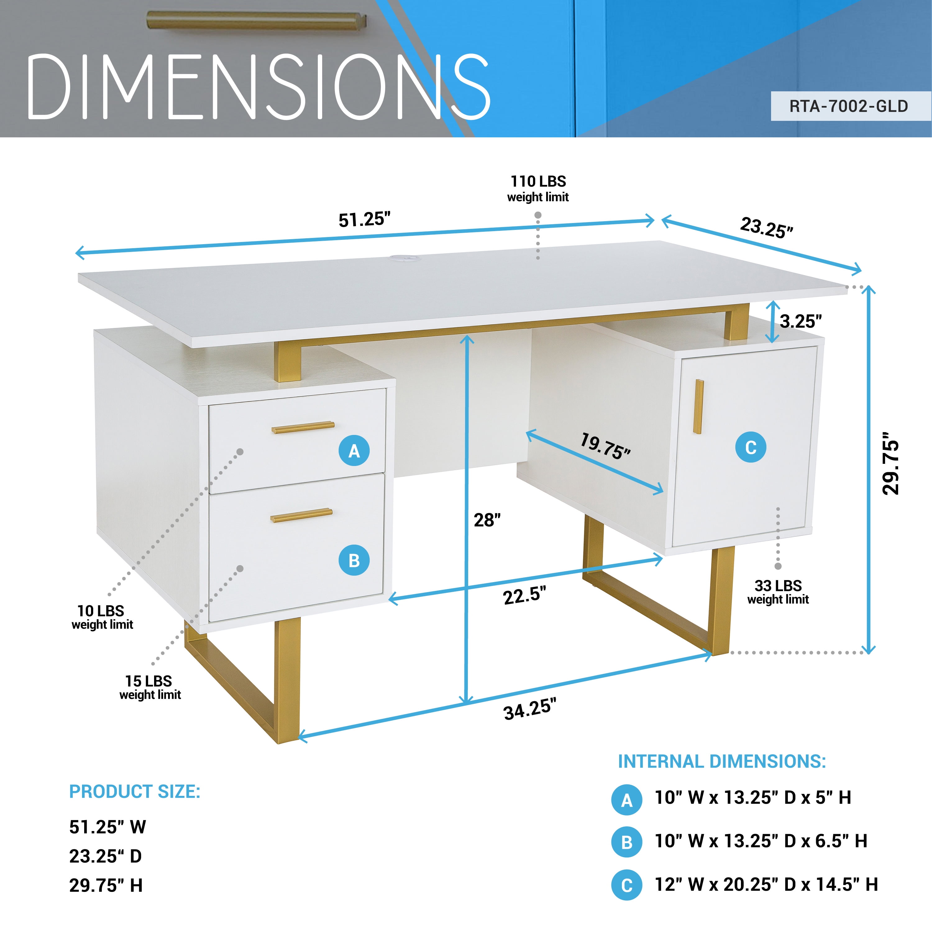Techni Mobili Modern Adult Office Desk with Drawers and Storage, 51.25”W, White/Gold RTA-7002-GLD