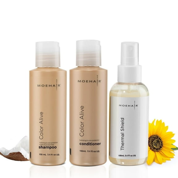 MOEHAIR Travel Pack: Color Alive Shampoo (3.4 fl oz), Conditioner (3.4 fl oz), and Thermal Shield Spray (3.4 fl oz) - Complete Haircare Solution for Vibrant Color
