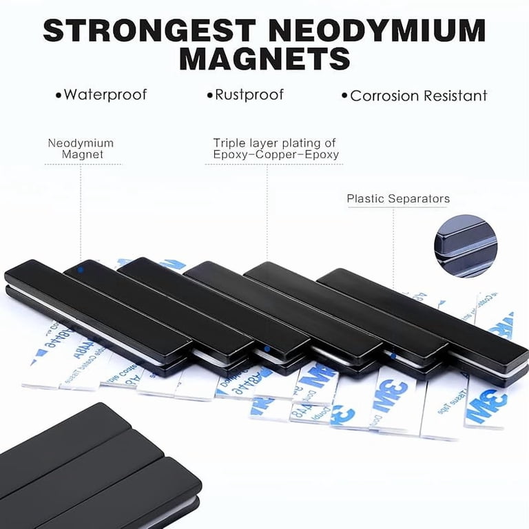 MIKEDE Strong Neodymium Bar Magnets 60x10x3mm 10-Pack With Adhesive - Heavy Duty Rare Earth Magnets For Fridge, DIY, Office