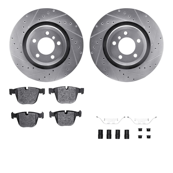Dynamic Friction Company Rear Brake Rotors-Drilled and Slotted-Silver with 5000 Advanced Brake Pads includes Hardware 7512-31084