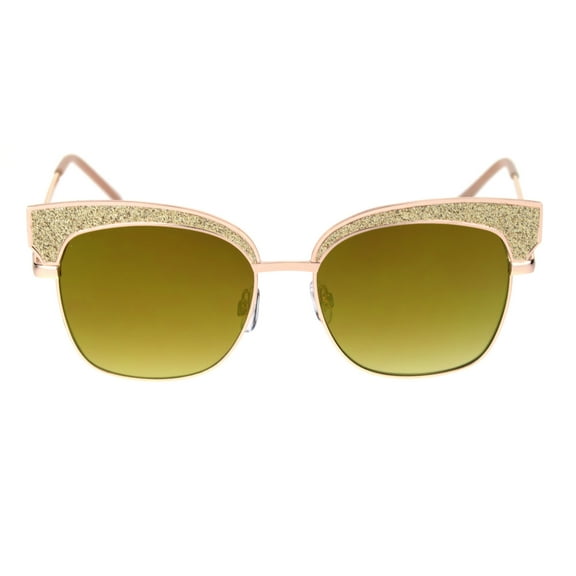 Womens Glitter Bling Metal Half Rim Rectangular Chic Sunglasses Gold Gold Mirror