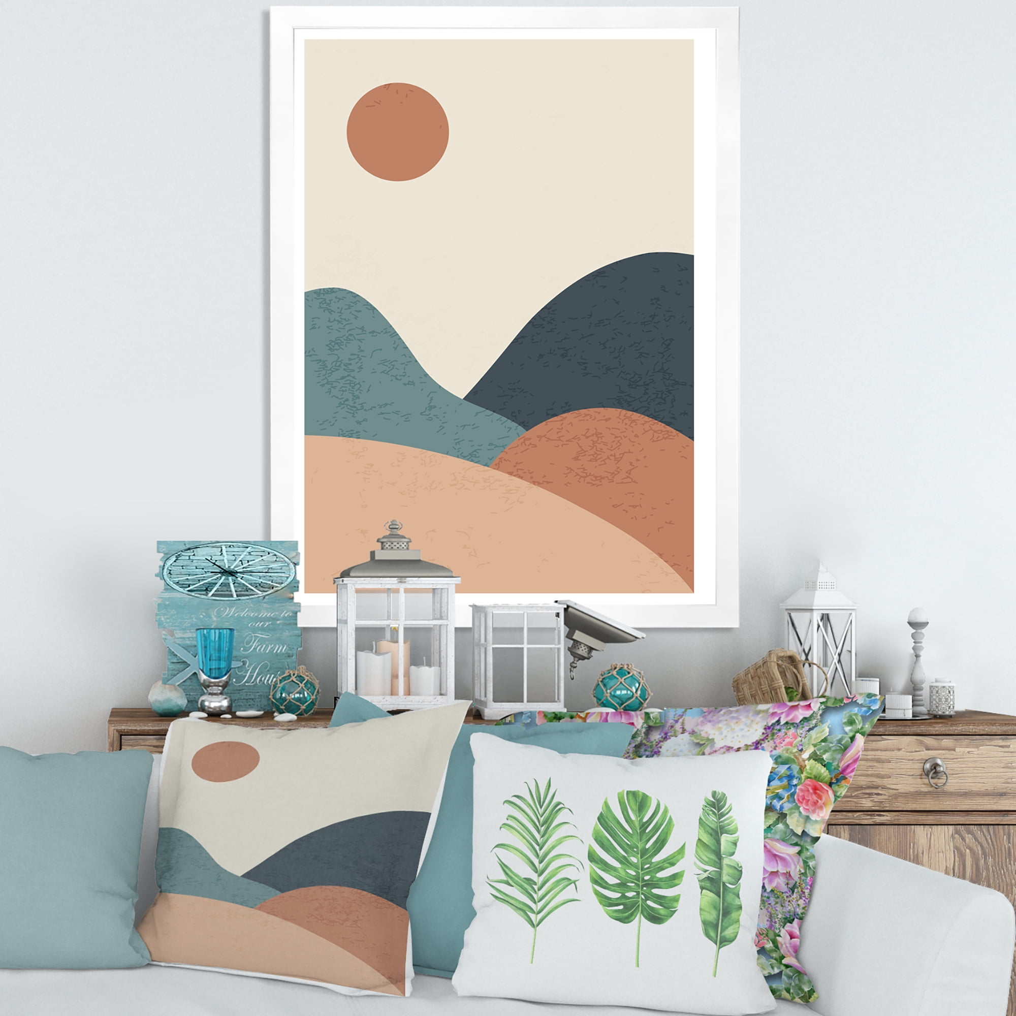 Designart 'Minimalist Vintage Landscape With Lake At Sunset' Modern Framed Art Print