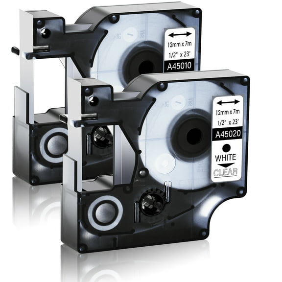 GREENCYCLE 2PK 12mm 7m Black/White on Clear Label Tape Compatible for Dymo D1 45010 45020 LabelManager,LabelWriter,3M Printer