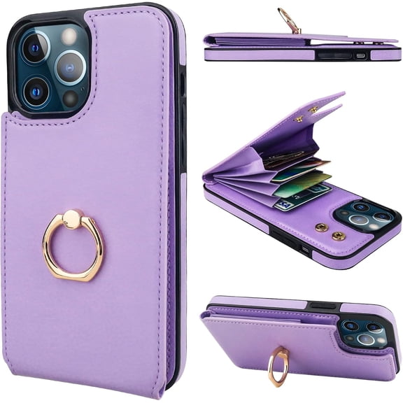 Compatible with iPhone 13 Pro Max Case Wallet with Card Holder, 360°Rotation Finger Ring Holder Kickstand Protective RFID Blocking PU Leather Double Buttons Flip Cover 6.7 Inch Purple