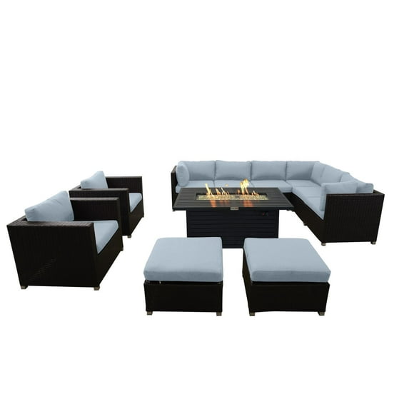 Innesbrook Collection Ensemble de conversation de patio en aluminium 11 pièces avec coussins de spa et table de feu rectangulaire