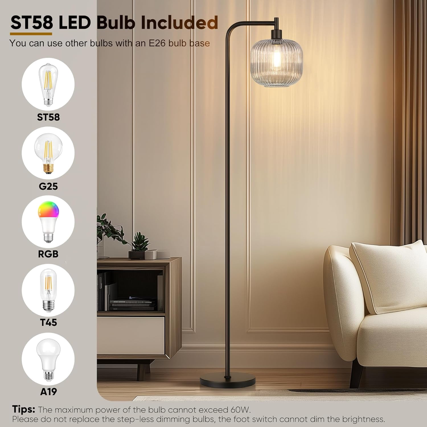 67” Modern Glass Floor Lamp for Living Room, Standing Lamp with Ribbed Grey Glass Lampshade Pedal Switch for Bedroom Study Room, Black (Bulb Included)