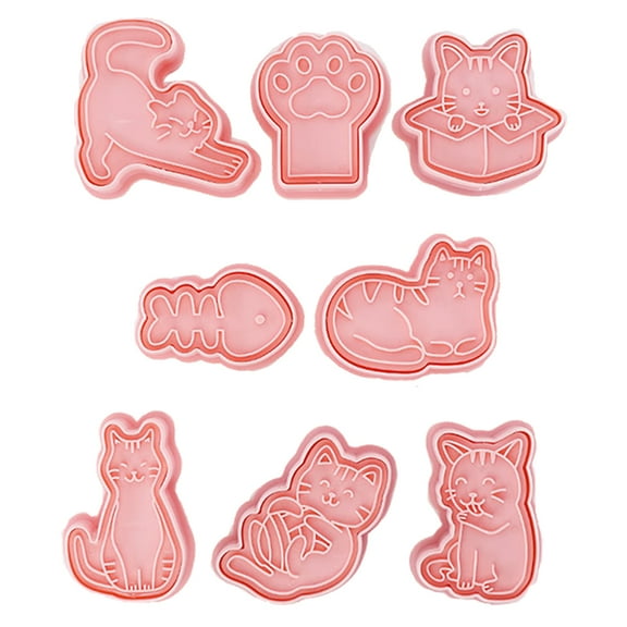 8-Piece Kitchen Gadgets Set for Cat Lovers Cartoon Cat Paw Cookie Cutters 3D Stereo Pressed Biscuit moulds with Fishbone Design