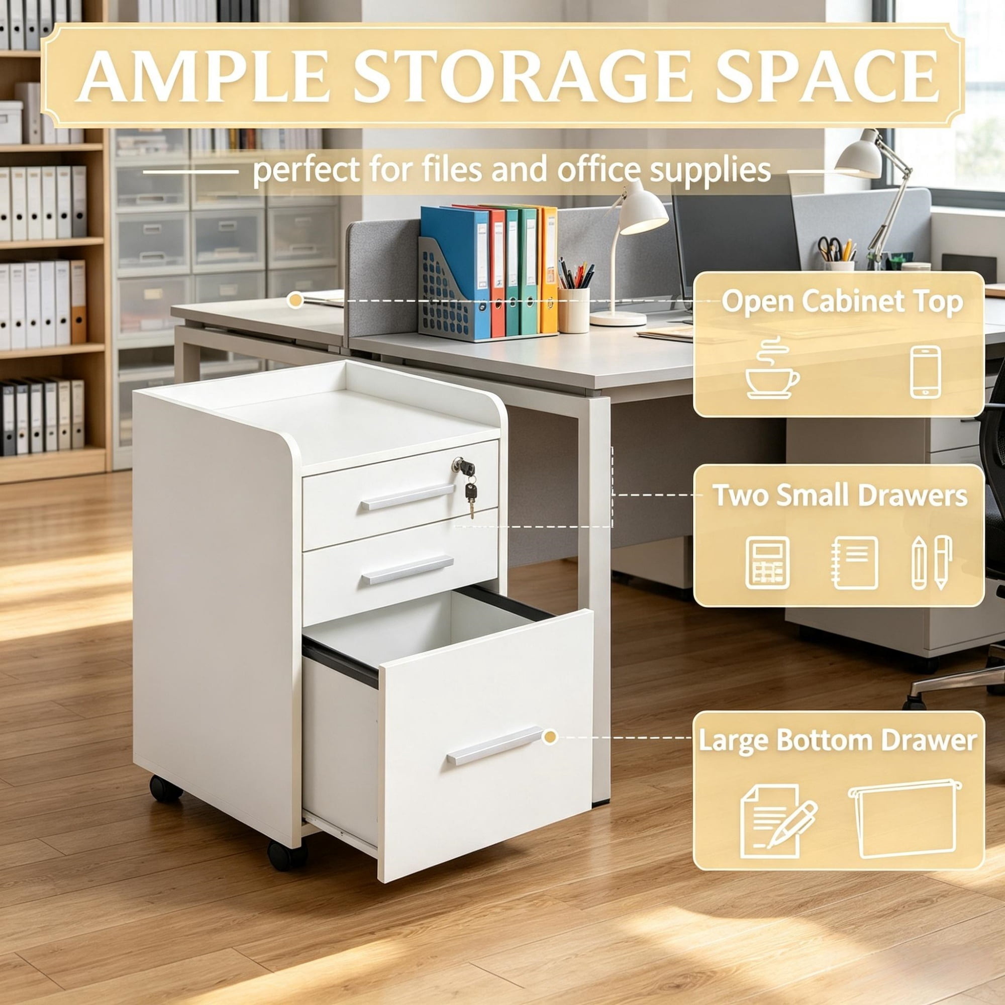 3 Drawer Mobile File Cabinet, for Office Document Organization, Lockable, Edged Top, Rolling, White