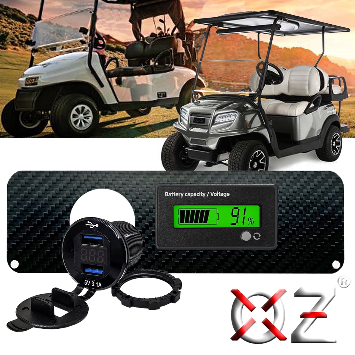 OZ-USA Carbon Fiber Golf Ball Holder Dash Cover Plate with Digital Battery Capacity Meter & Dual USB Port Voltmeter – Compatible with EZGO TXT PDS 36V & 48V Electric Golf Carts