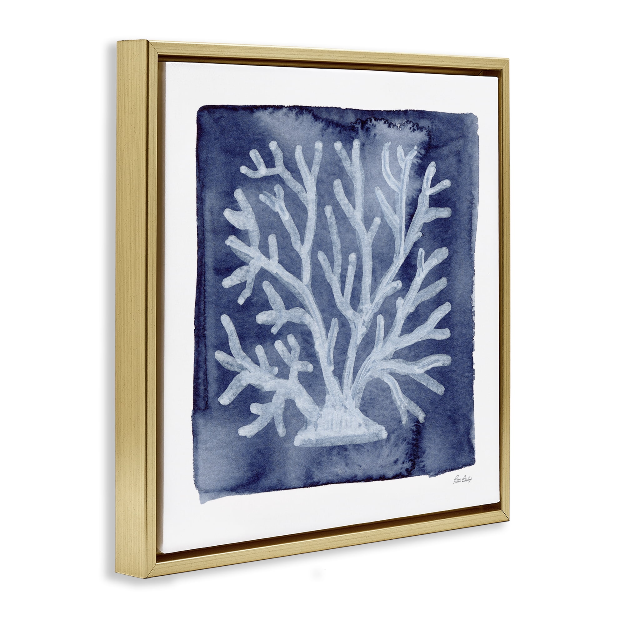 Stupell Industries White Coral on Indigo Gold Framed Floater Canvas Wall Art, design by Patti Bishop