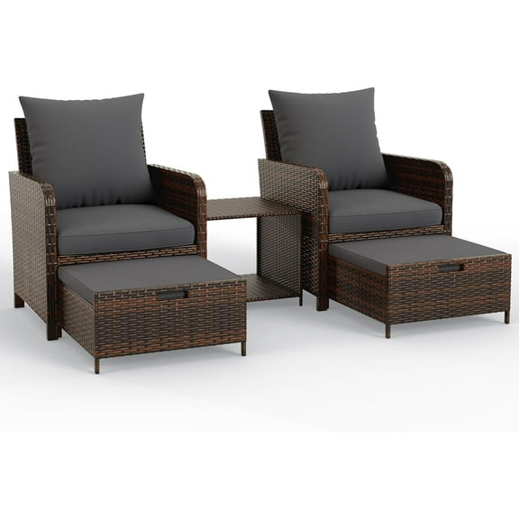 UDPATIO Balcony Furniture Patio Set with Ottoman, Patio Bistro Set 5 Piece Wicker Patio Furniture Set with Footrest for Front Porch Small Space