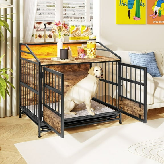 WGYPRIME Multi-function Dog Crate with Storage, Large Wooden Dog Crate Furniture with 2 Doors, Indoor Dog Kennel for Large/Medium Dog