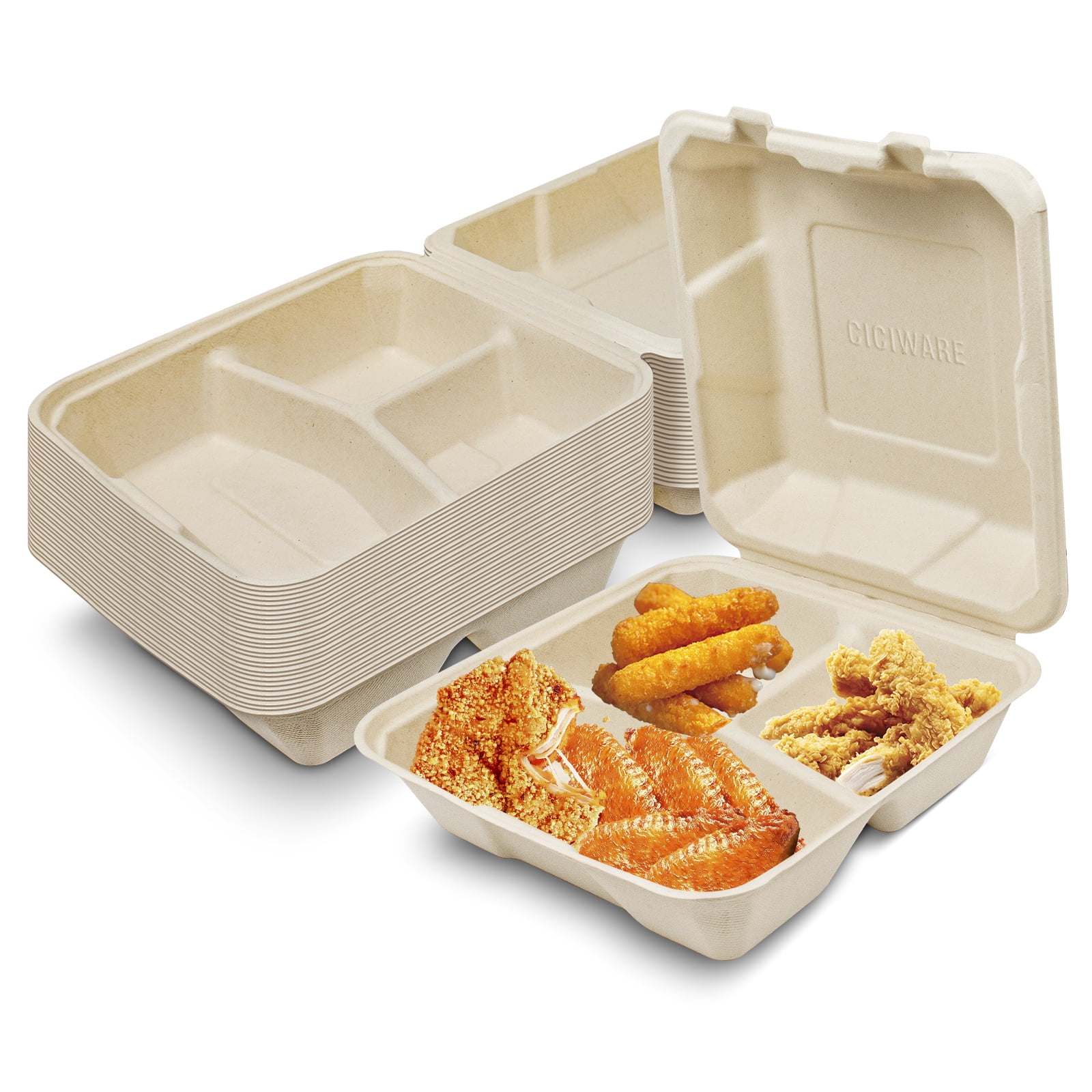 100% Compostable Clamshell Take-Out Food Container 8 Inch Three-Compartment  Folding Cover Lunch Box, 10 Bags Heavy Quality Packaging,Natural Disposable  Bagasse, Environmental Friendly Biodegradable 