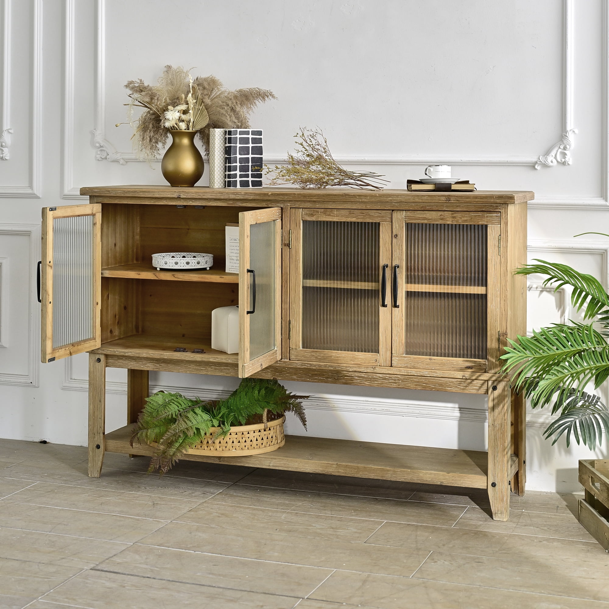 Leumius 59.06" Rectangle Sideboard with Storage Shelf, Accent Glass Door Wooden Rustic Cabinet for Kitchen, Dining Room, Living Room Natural