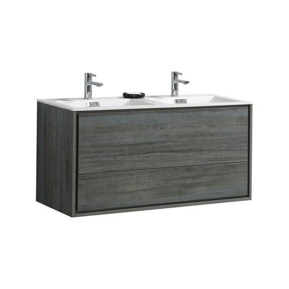 Kubebath DeLusso 48" Double Sink Ocean Gray Wall Mount Modern Bathroom Vanity