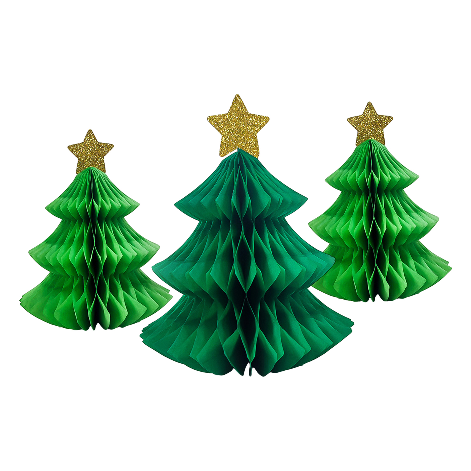 Festive Vibes! 3 Honeycomb Paper Christmas Trees With Stars - Tabletop Decoration