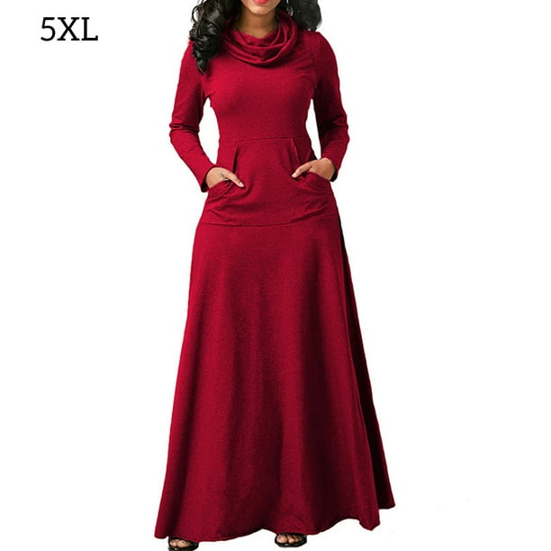 Vestido largo para mujer, color sólido, bolsillo, noche, fiesta, disfraz, rojo vino, 5XL seitruly AP000721-32
