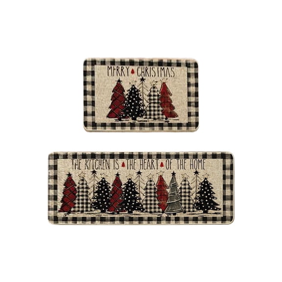 TanSiDing 2pcs Buffalo Plaid Xmas Tree Merry Christmas Kitchen Mats, Winter Home Decor Low-Profile Kitchen Rugs for Floor 40x60cm/40x120cm