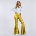 thumbnail image 3 of FRSASU Women Shiny Metallic Bell Bottom Bootcut Leggings Disco Wide Leg Pants High Waist Dance Yoga Trousers Gold, 3 of 5