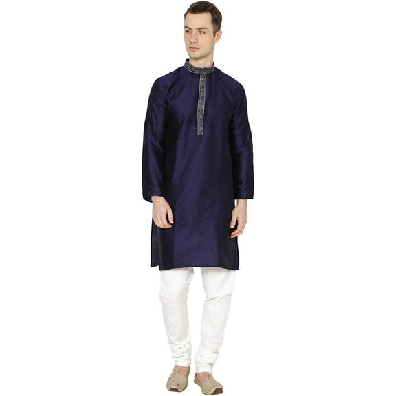 Royal Kurta Mens Jacquard Silk Floral Print Fancy Kurta Churidar Navy
