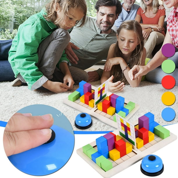 Juego de mesa interactivo para dos personas con bloques de construcción para niños. Competición entre padres e hijos.