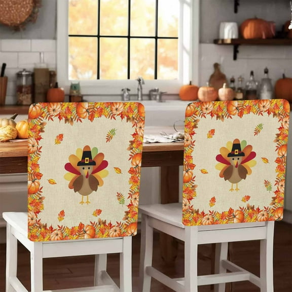 Thanksgiving Orange Chair Covers Set of 4 Turkey Pumpkin Leaf Harvest Retro Linen Chair Back Covers Stretch Removable Washable Slipcovers Protector for Dining Room Kitchen Party Decor