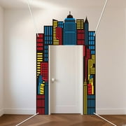 Super Hero Cityscape Photo Door Banner 4.9x8.6 Ft Superheroes Birthday Party Decorations Photography Backdrop Skyscraper City Background Hanging Porch Banner