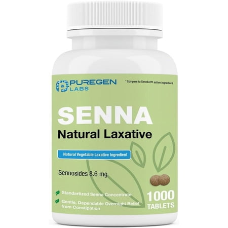 Puregen Labs Senna 1000 Tablets 8.6 mg Natural Sennosides Vegetable Laxative for Constipation, Bloating, Gas, Irregularity Relief