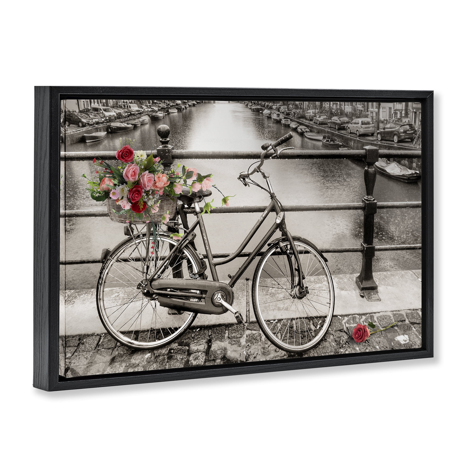 Stupell Industries Rose Filled Bike over Canal Transportation Painting Black Floater Framed Canvas Art Print Wall Art, 31 x 21