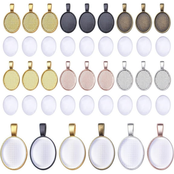 48pcs Bezel Pendant Blanks Set, 24pcs 6 Colors Oval Pendant Trays Bezel Blanks with 24pcs Glass Cabochons Clear Dome Tiles for DIY Bracelet Necklace Jewelry Crafts Making