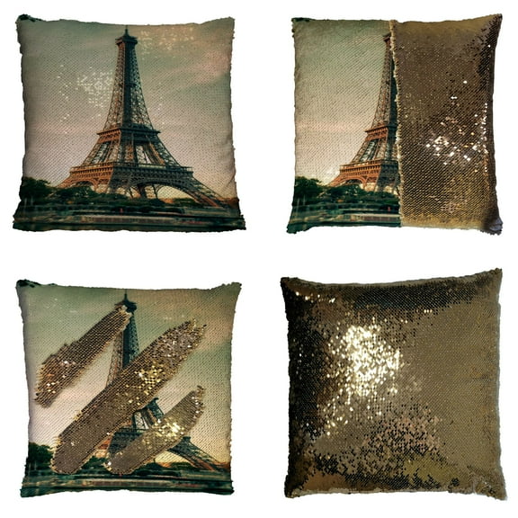 ZKGK Paris Eiffel Tower Reversible Mermaid Sequin Pillow Case 16x16 inches