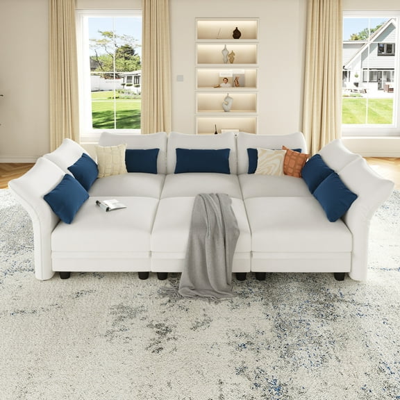 LLappuil 102" Modular Sectional Sofa, 6 Seat Modular Sectional Sofa with 1 Storage Ottoman, 25.6“ Seat Deep Sofa White