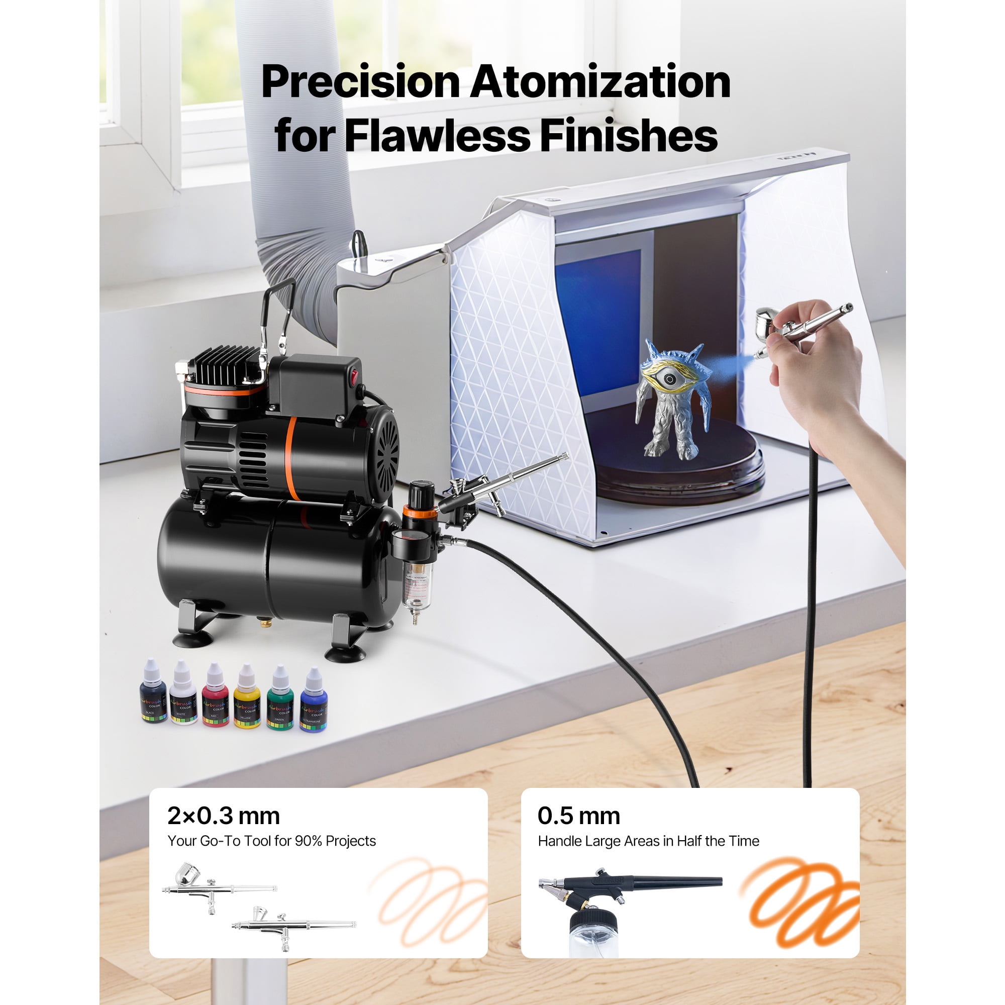KFFKFF Airbrush Kit with Compressor and Tank, 1/6 HP, Includes 3 Dual-Action Airbrushes, 3 Nozzles, Hose, Acrylic Paint, and 2 Fans, Ideal for Cake Decoration, Model Crafting, and Nail Design