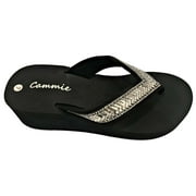 W-327 Cammie Women Platform Wedge Rhinestone Bling Slides Flip Flop Sandals Black US Size 7