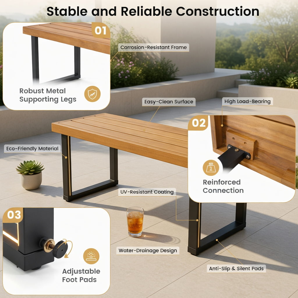 Hommoo 48" Acacia Wood Outdoor Patio Bench, Sturdy Dining Bench for Garden, Deck or Entryway, 2-Person Seating, Heavy-Duty Metal Frame, Natural & Black