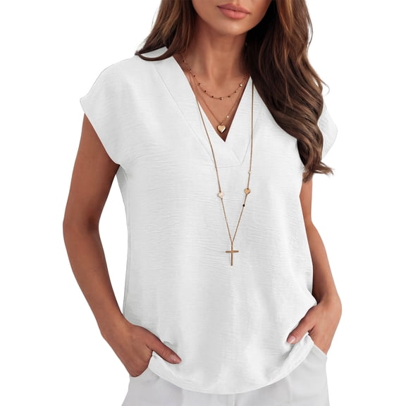 ANRABESS Women Tops Dressy V Neck T Shirts Cap Sleeve Business Casual Tops for Women Summer Loose Fit Dressy Work Office Blouses Cute Clothes Trendy Outfits White M